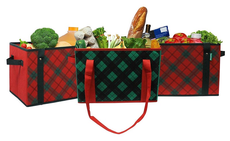 Earthwise Deluxe Collapsible Reusable Shopping Box Grocery Bag Set with Reinforced Bottom Plaid Holiday Xmas Christmas Design Storage Boxes Bins Cubes (Set of 3) (Holiday) - Image 2